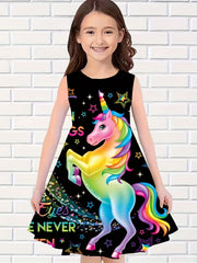 Colorful Unicorn Print Dress Girls Sleeveless Summer Party Gift
