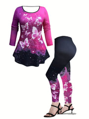 Ombre & Butterfly Print Long Sleeve Top & Leggings Set