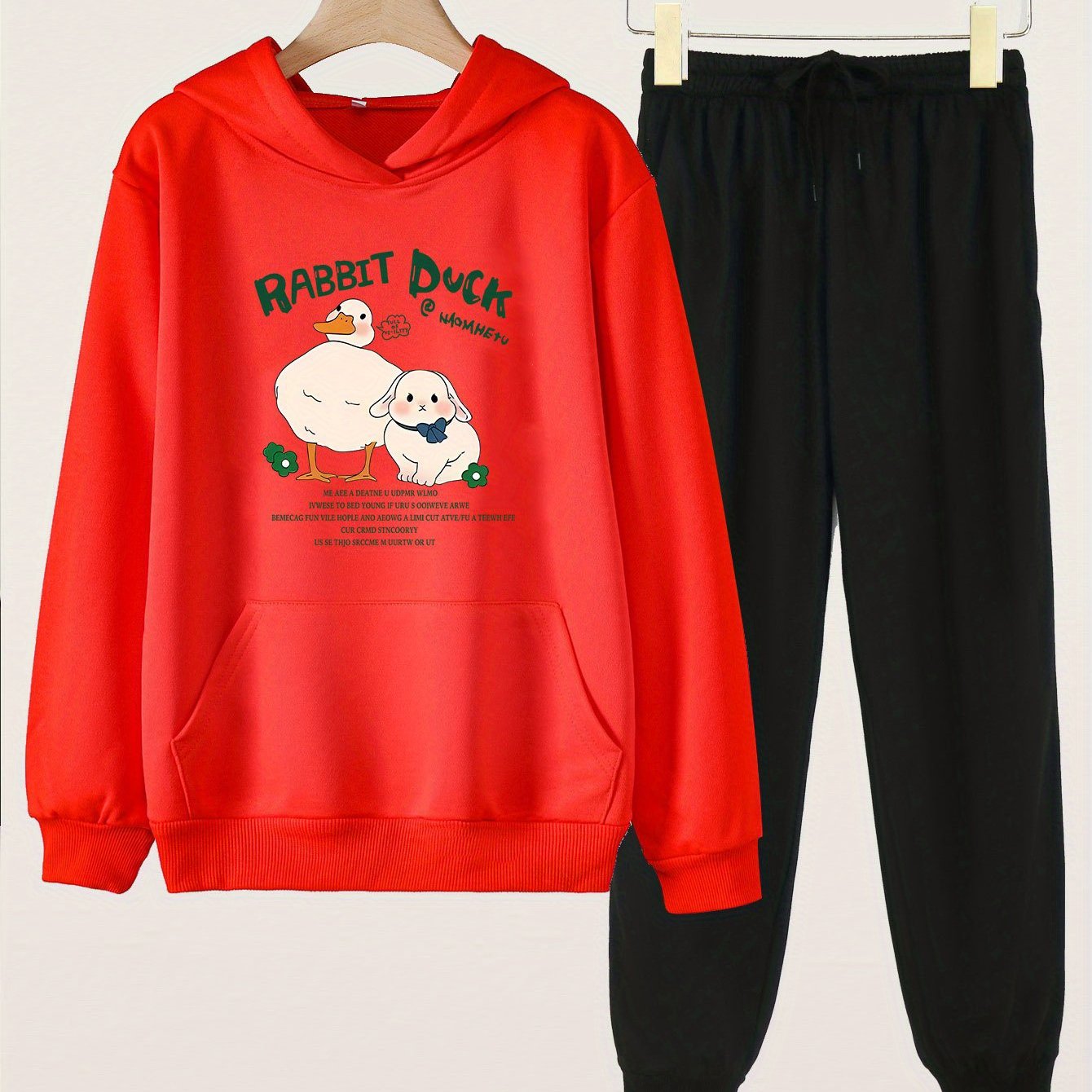 Rabbit Duck Print Hooded Outfit For Girls Hoodie & Pants Set
