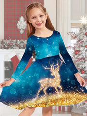 Girls Reindeer Graphic Long Sleeve Dress for Spring Fall