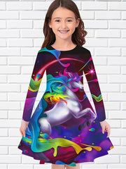 Girls Unicorn Print Long Sleeve Dress For Party Kids Clothes