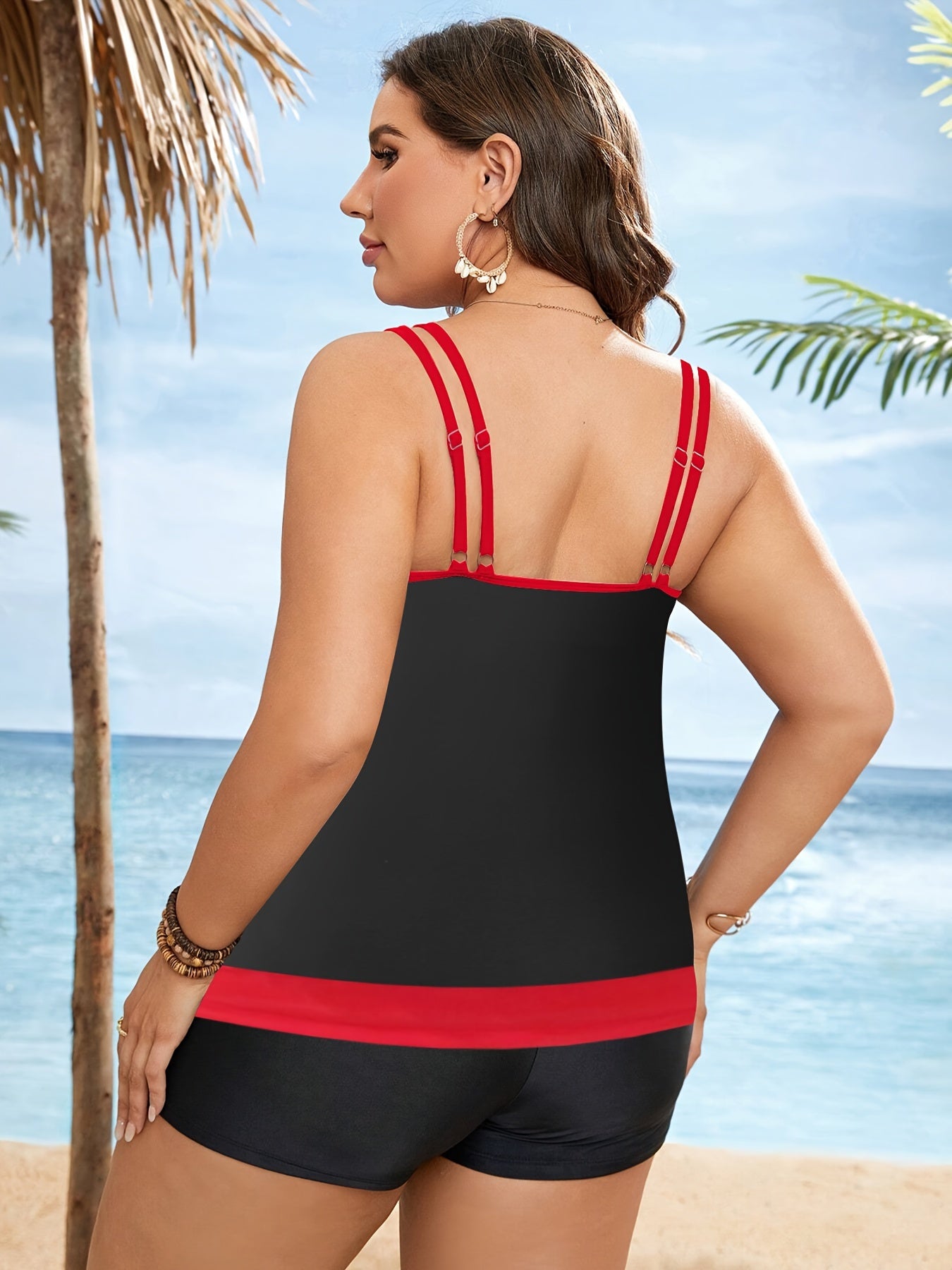 Rose Skull Print Tankini Set Women's Gothic Swimsuit Two Piece