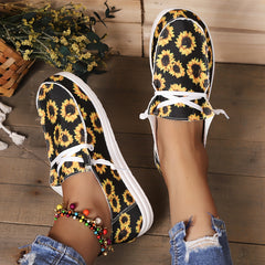 Women's Sunflower Print Canvas Shoes Casual Lace Up Low Top Shoes