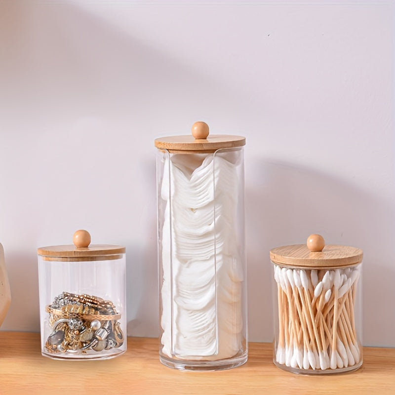 Acrylic Cotton Swab Holder Bamboo Lid Bathroom Makeup Organizers Storage Box