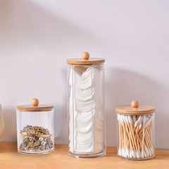 Acrylic Cotton Swab Holder Bamboo Lid Bathroom Makeup Organizers Storage Box
