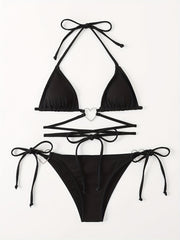 Heart Linked Halter Neck Rib Knit Bikini Set