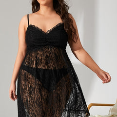 Lace Semi Sheer Cami Midi Dress Women's Plus Sexy Stretch Dress