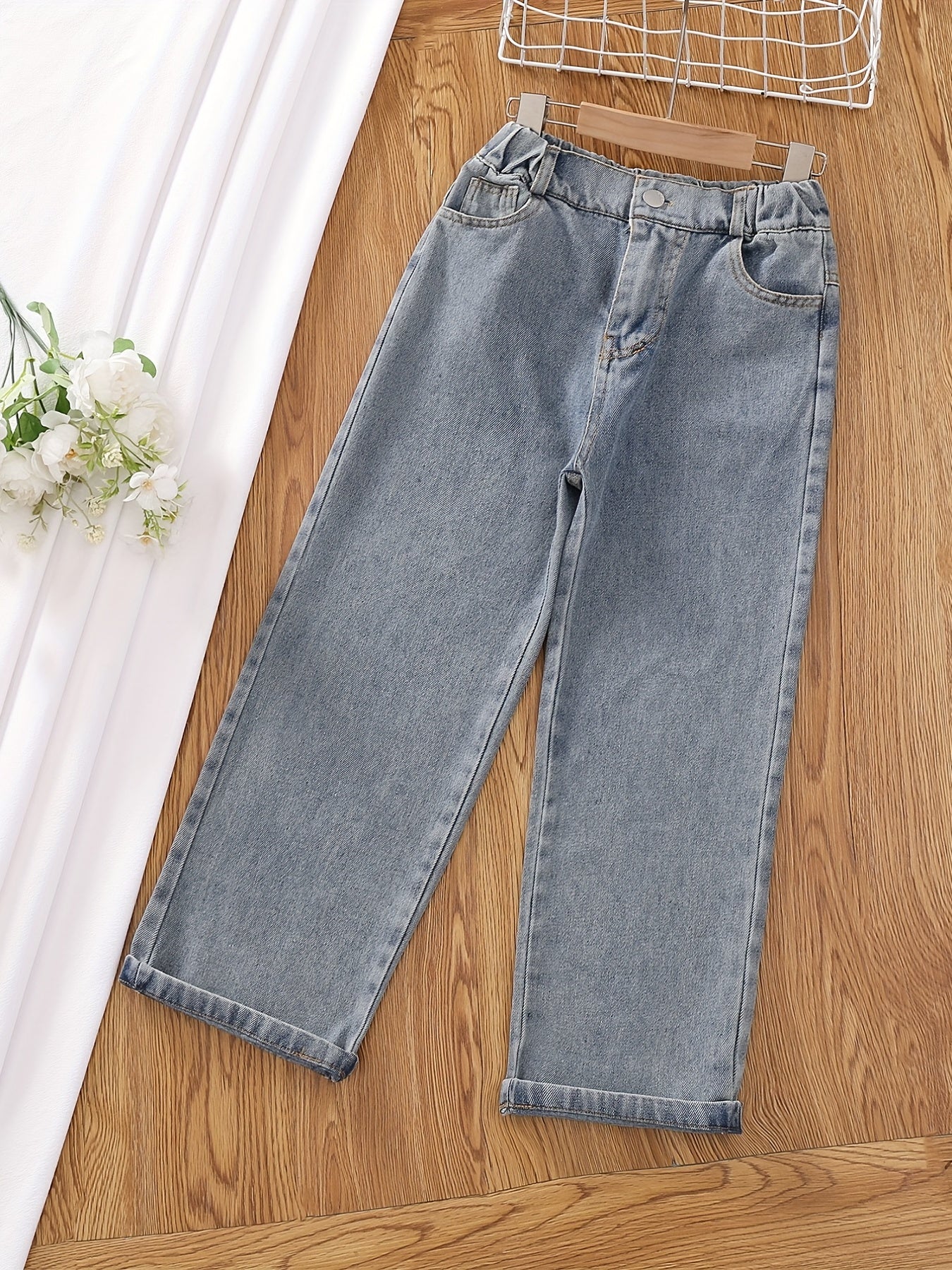 Girls' Graphic Wide Leg Jeans, Elastic Waist Denim Pants