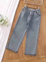 Girls' Graphic Wide Leg Jeans, Elastic Waist Denim Pants