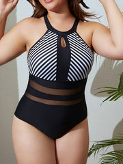 Sexy Swimsuit Colorblock Striped Print Contrast Mesh One Piece