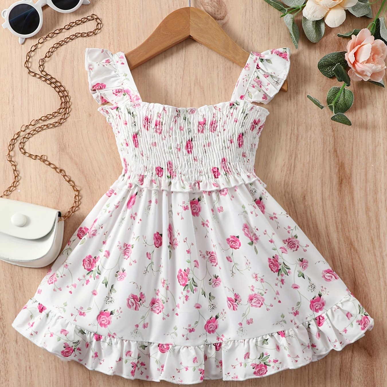 Girls Fly Sleeve Ruffled Dress, Ditsy Print