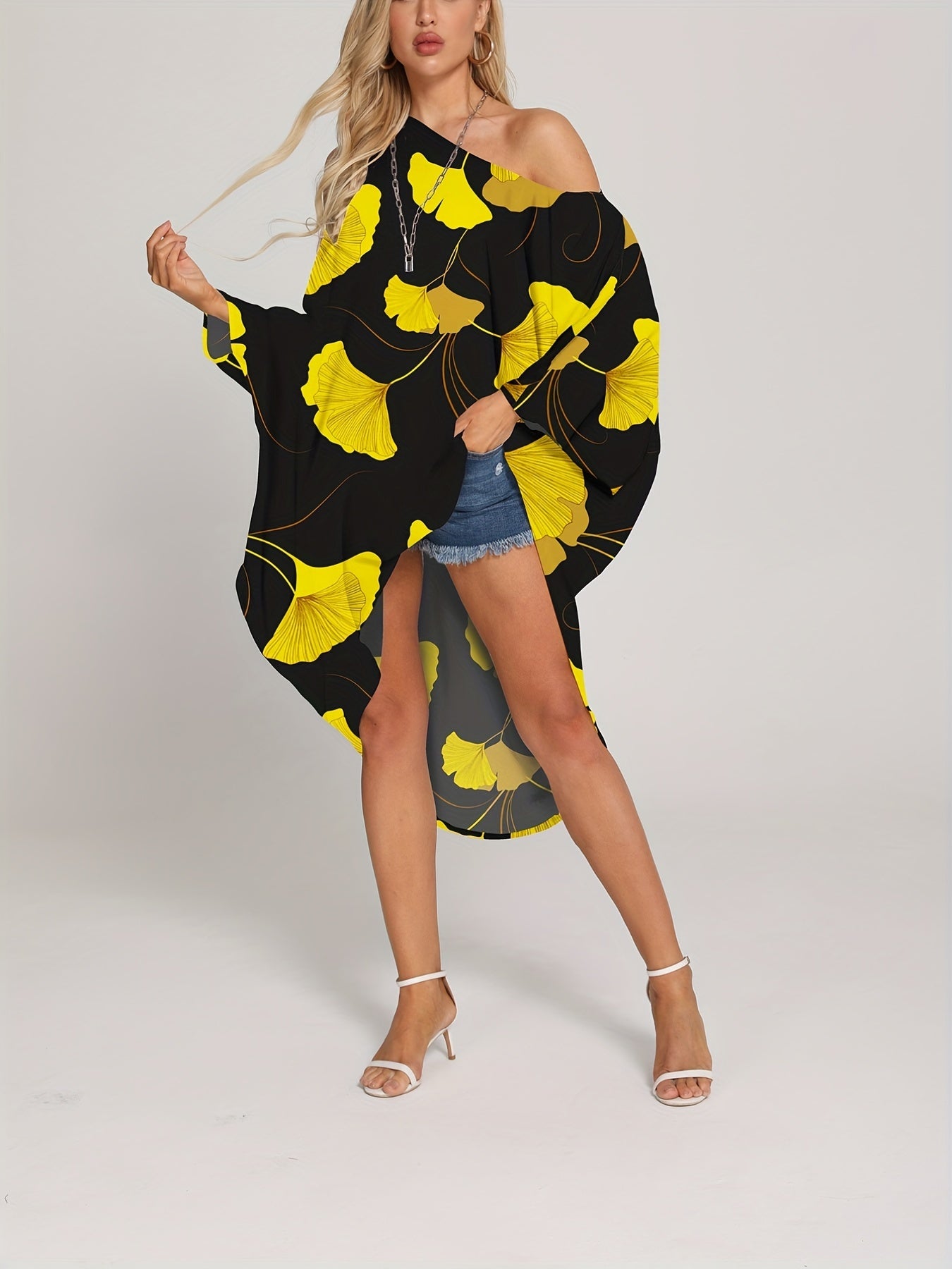 Leaf Print Cover Up Dress Loose Fit One Shoulder Long Sleeves Rash Guard Kaftan