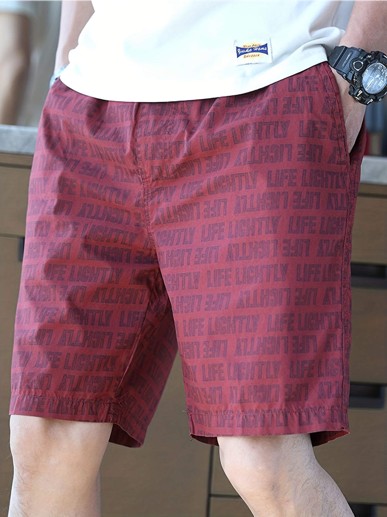 Letter Print Beach Shorts Men's Elastic Waist Drawstring Shorts