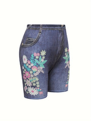 Floral Print Faux Denim Print Sports Shorts High Stretch Yoga Running Shorts