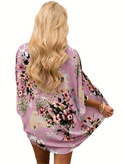 Floral Print V Neck Cover Up Puff Sleeve Kimono