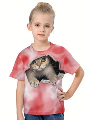 3D Cat Graphic Short Sleeve T shirt Girls Summer Sports