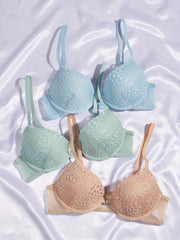 3pcs Contrast Lace Push Up Bras Front Buckle
