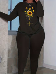 Women's Plus Letter & Sunflower Print Long Sleeve Top & Leggings Set
