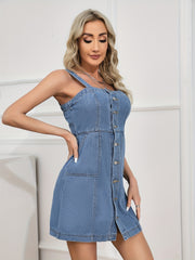 Straight Neckline Denim Dress with Slash Pocket