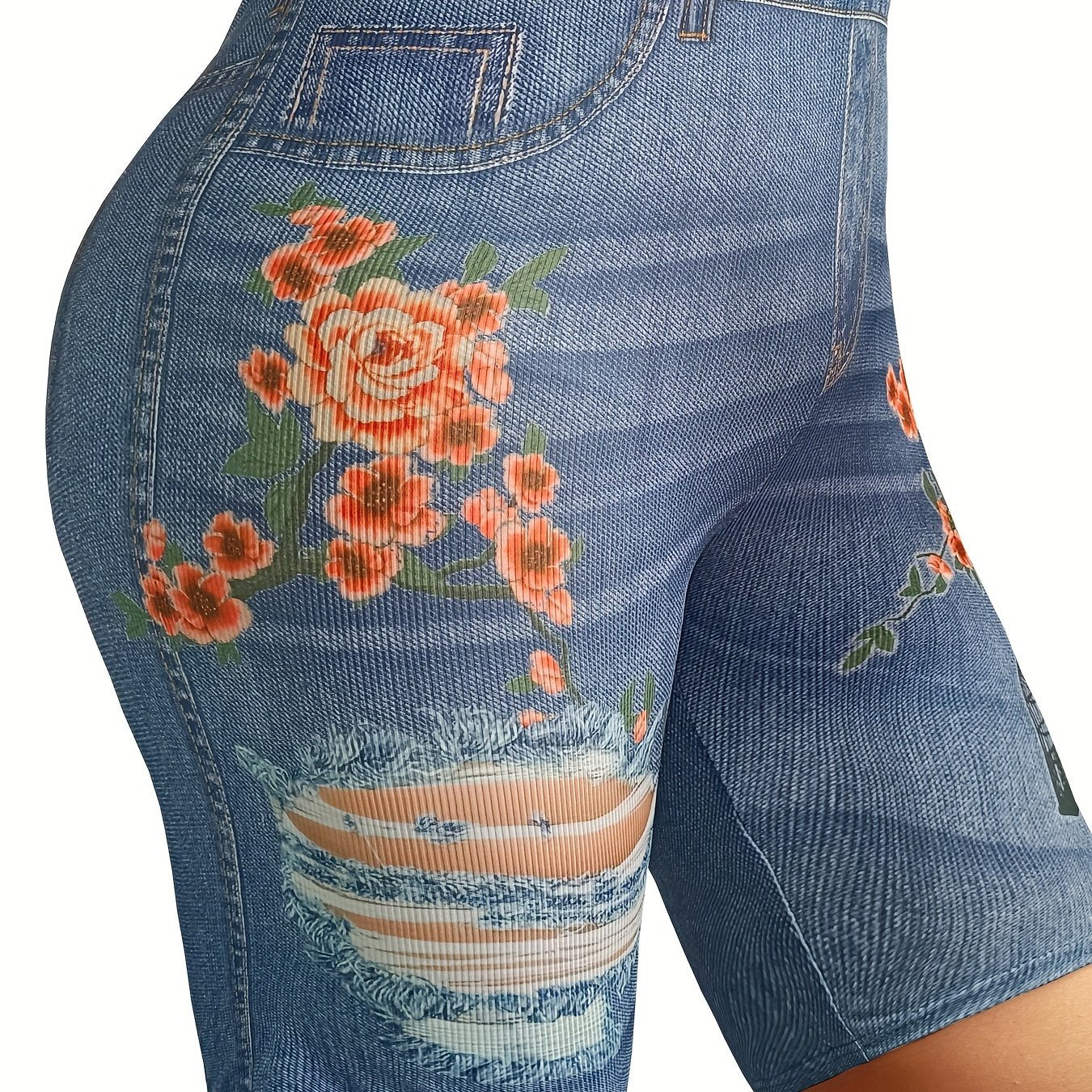 Denim & Floral Print High Rise Skinny Shorts