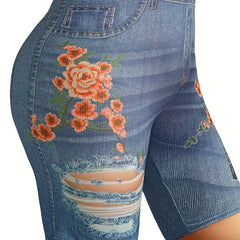 Denim & Floral Print High Rise Skinny Shorts