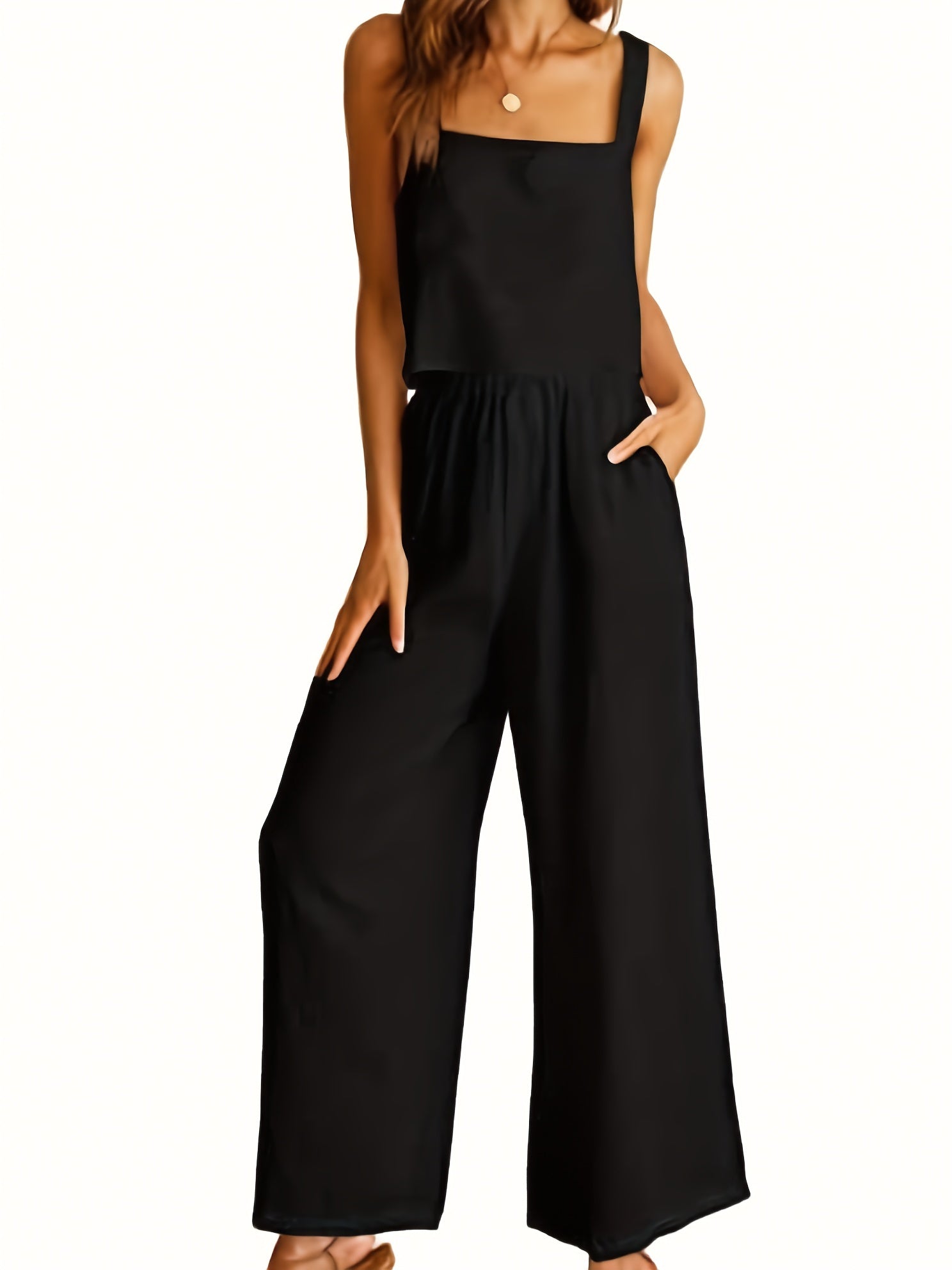 Solid Two Piece Set Square Neck Tank Top & Wide Leg Pants Outfit
