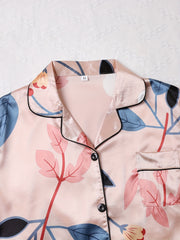 Floral Print Pajama Set Long Sleeve Buttons Top & Elastic Waistband Pants