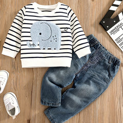 2pcs Baby Boy Elephant Embroidery Plaid Sweatshirt & Elastic Denim Pants Set