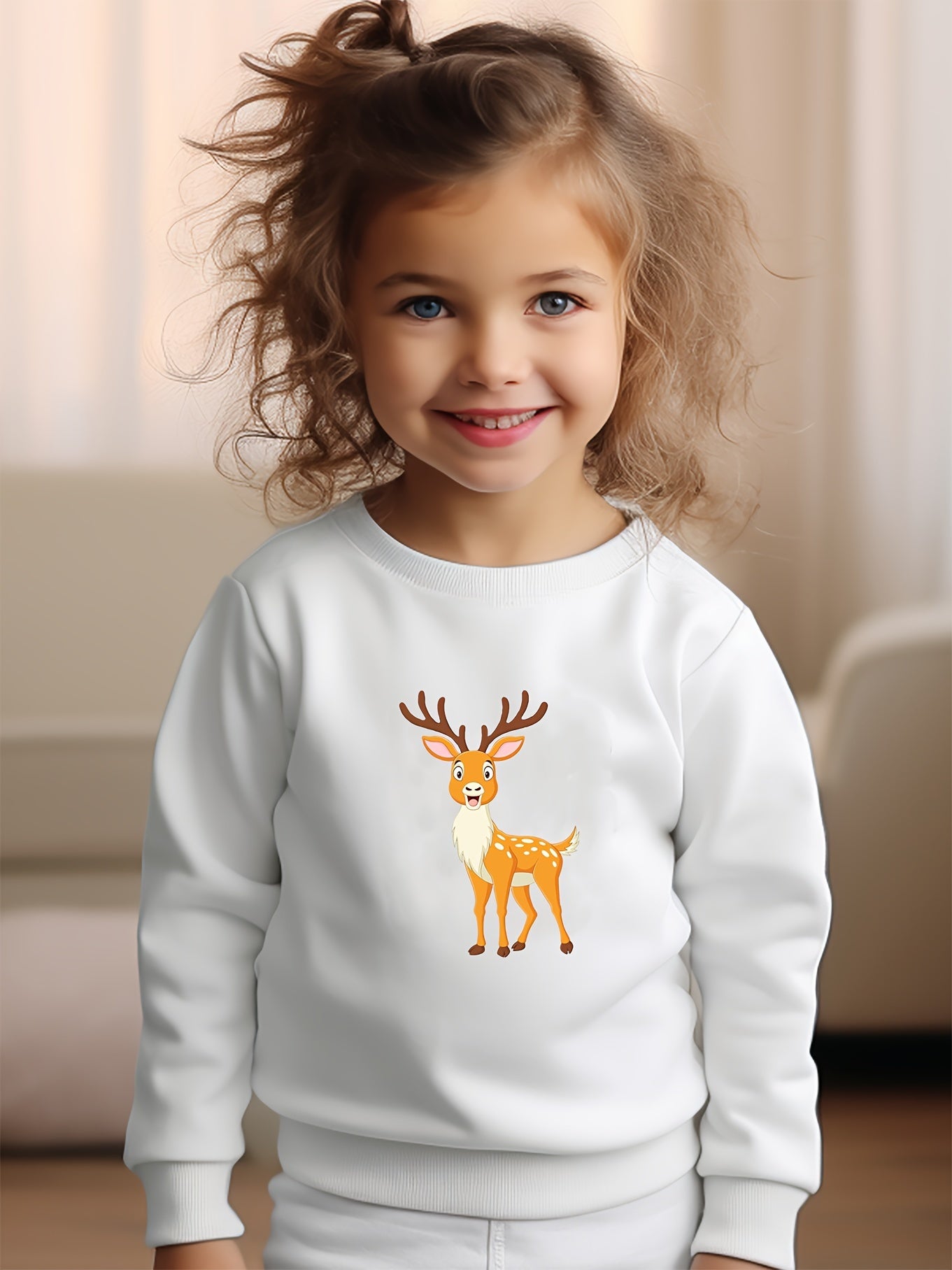 Girls Deer Pattern Crew Neck Sweatshirt for Spring Fall