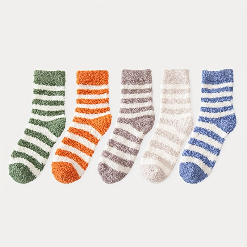 5 Pairs Striped Fuzzy Socks Comfy & Warm Mid Tube Women's Stockings
