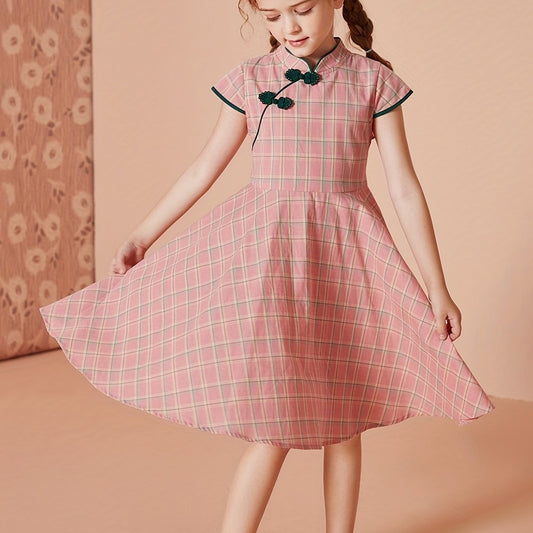 FOREST KIDS Vintage Plaid Cheongsam For Girls