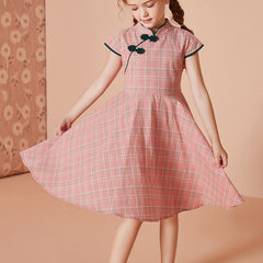FOREST KIDS Vintage Plaid Cheongsam For Girls
