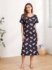 Floral Print NightDress Short Sleeve Pajama Dress Women's Sleepwear