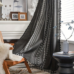 Geometric Printed Tassel Rod Pocket Curtain Cotton Linen Kitchen Bay Window