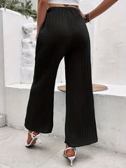 Solid Textured Wide Leg Pants Elastic Waist Tied Pants