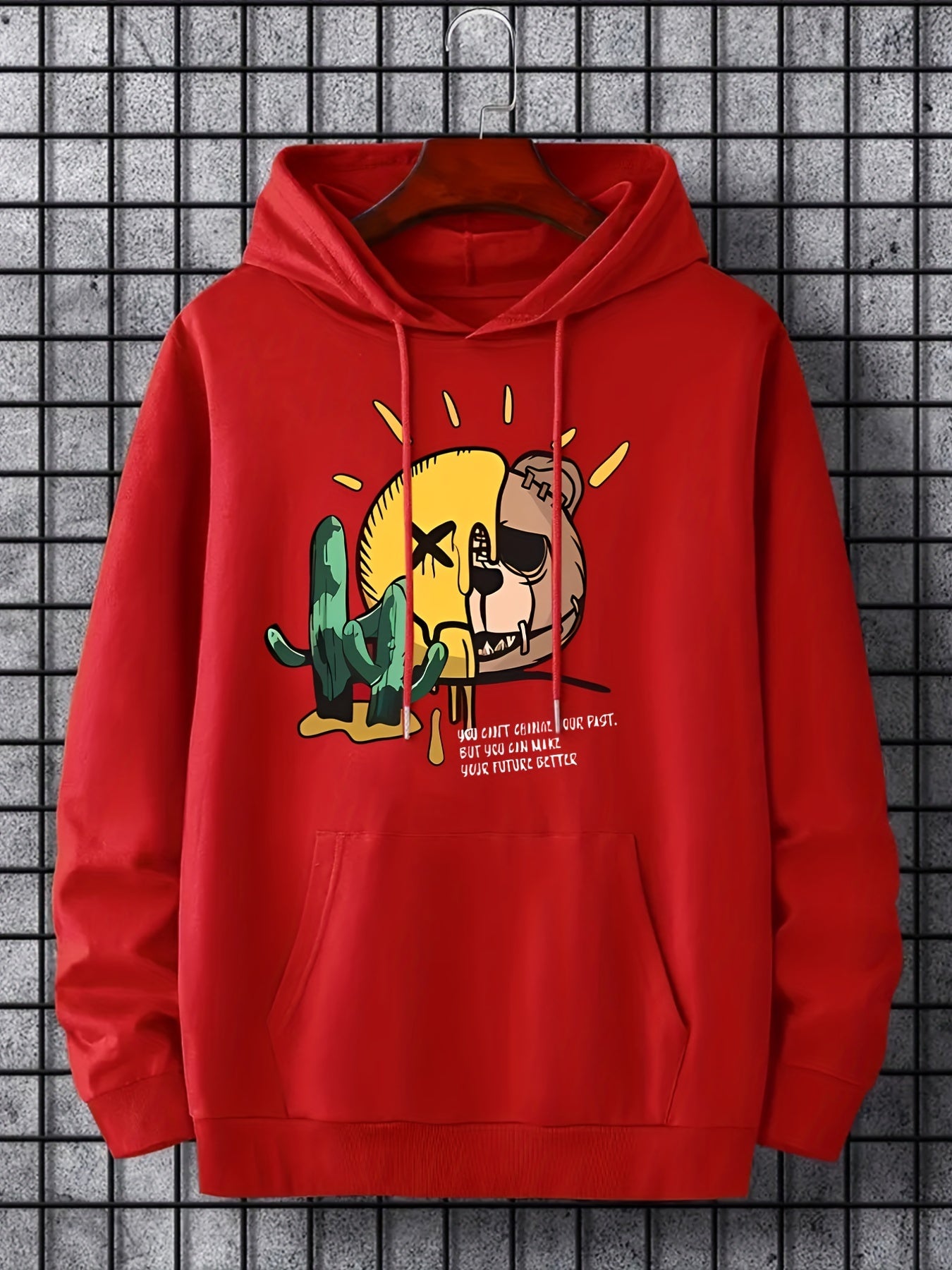 Smile & Teddy Bear Print Hoodie Men's Pullover Sweatshirt