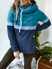 Block Turtle Neck Hoodie Casual Long Sleeve Drawstring Hoodies