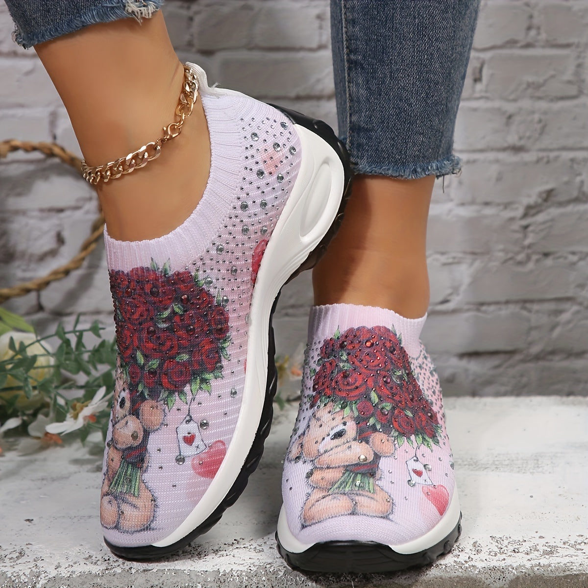 Bear & Floral Pattern Non slip Running Shoes Mesh Breathable Comfortable