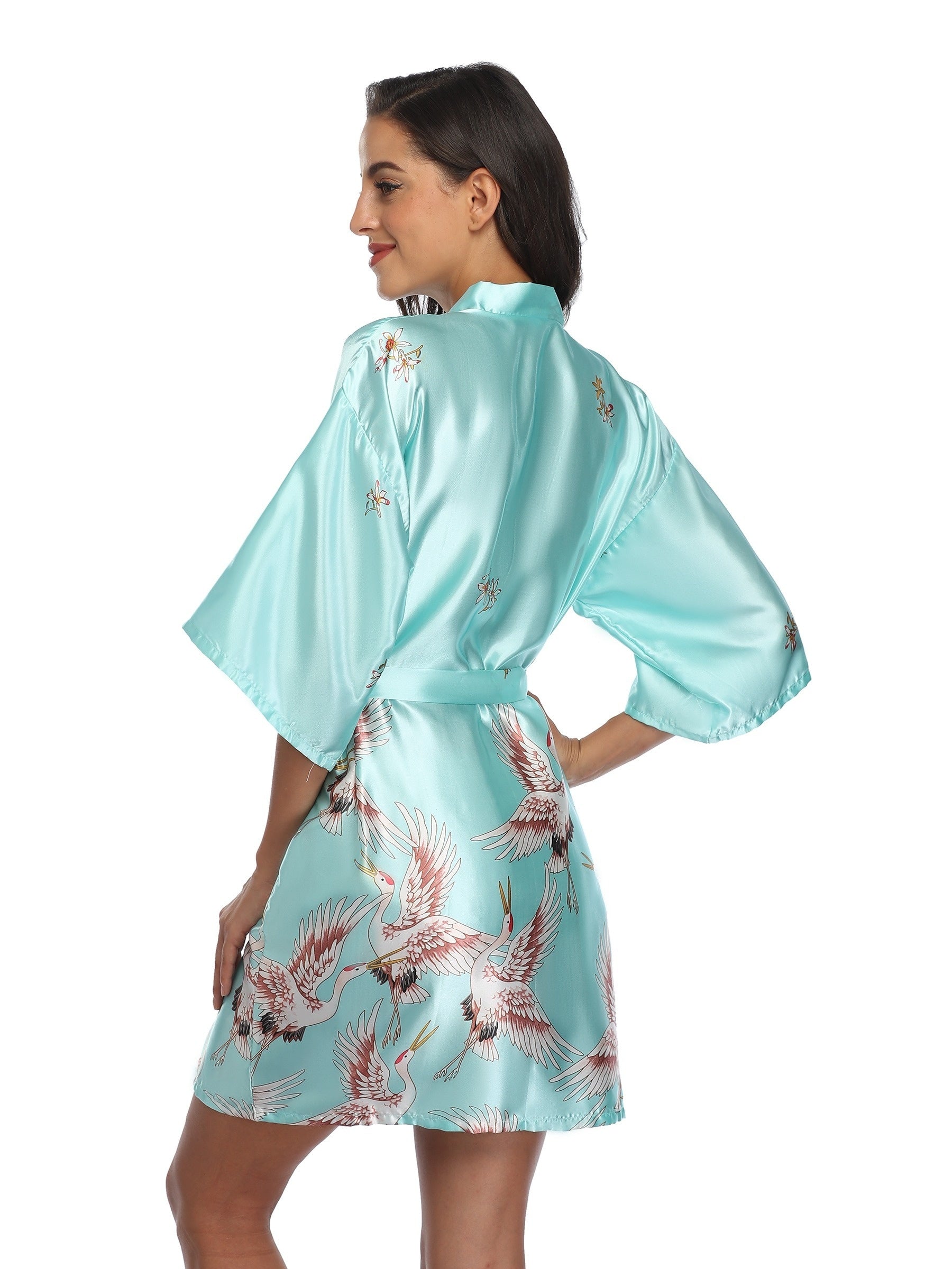 Crane Print Night Robe Long Sleeve V Neck Robe With Belt Women's Sleepwear