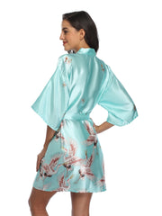 Crane Print Night Robe Long Sleeve V Neck Robe With Belt Women's Sleepwear