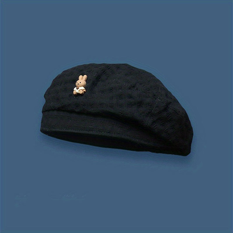 Rabbit Beret Solid Embossed Breathable Octagonal Hat