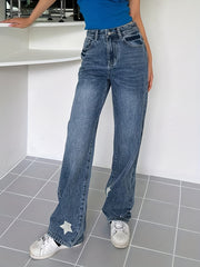 Star Print Washed Straight Leg Jeans Zipper Button Closure