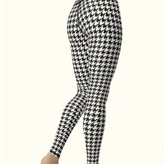 High Waist Houndstooth Print Yoga Pants Tummy Control