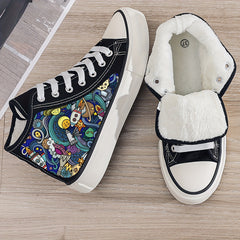 Print Plush Lined Chunky Canvas Sneakers Warm Non Slip Casual High Top Walk