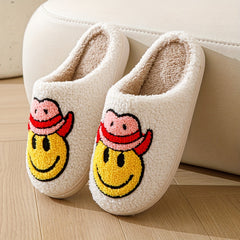 Women's Smile Face Printed Slippers Slip On Round Toe Non slip Home Fluffy Flat