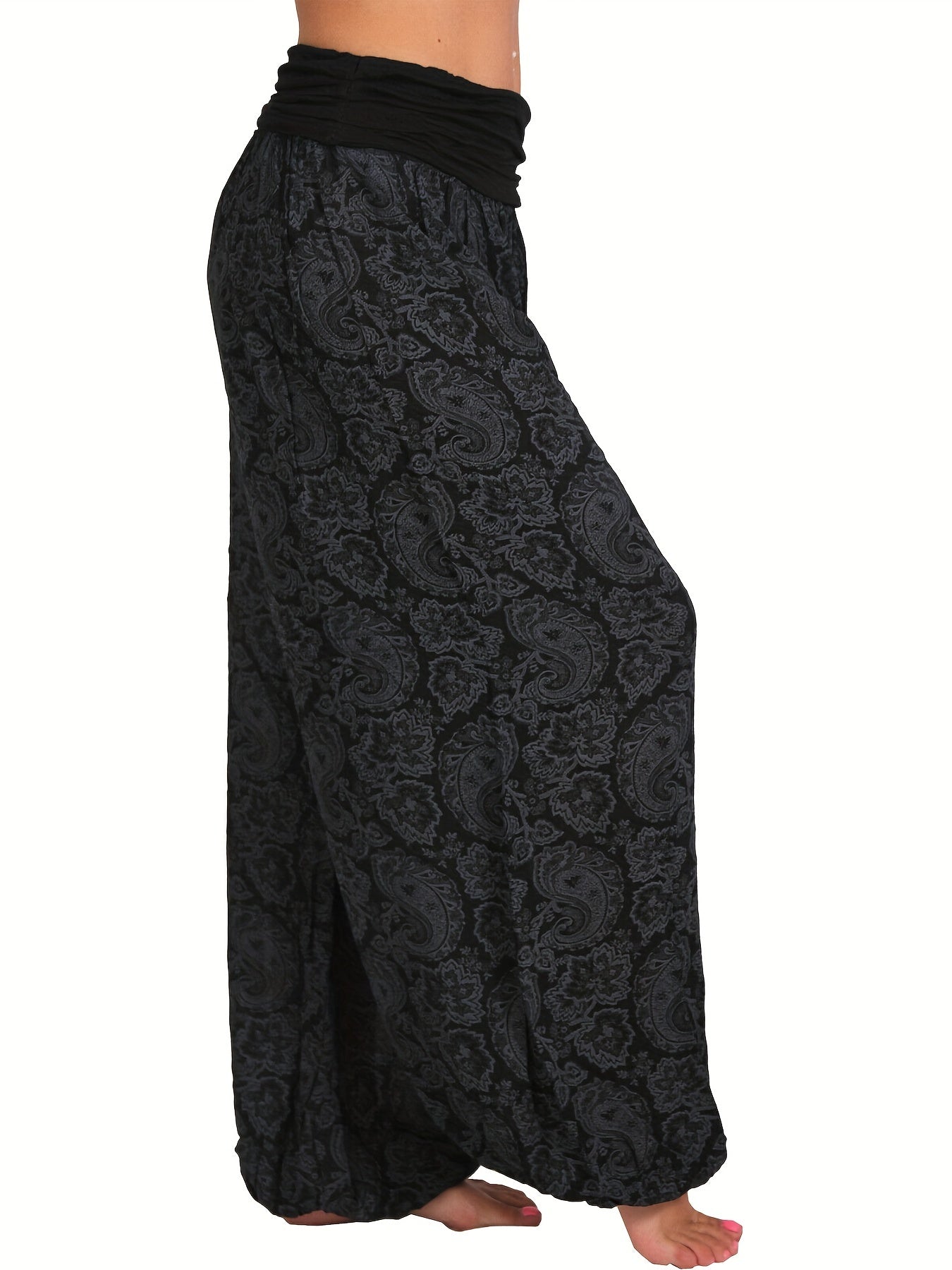 Boho Paisley Print Harem Pants Wide Leg Long Length