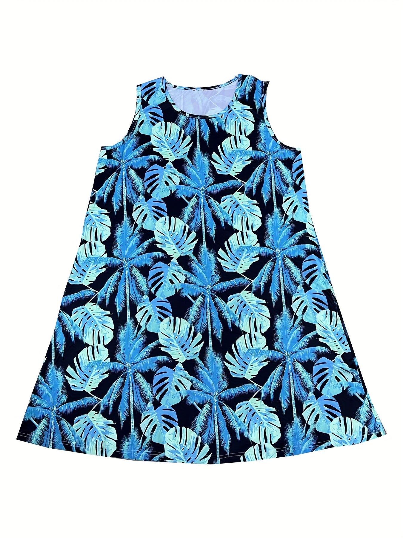 Women's Plus Leaf Print Round Neck Tank Dress