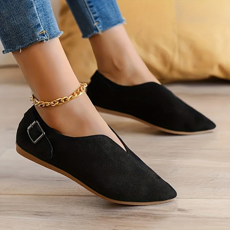 Women's Pointed Toe Flat Shoes Buckle Strap Slip On Micro Suede Shoes