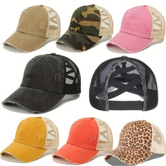 Distressed Criss Cross Ponytail Cap Outdoor Casual Hat