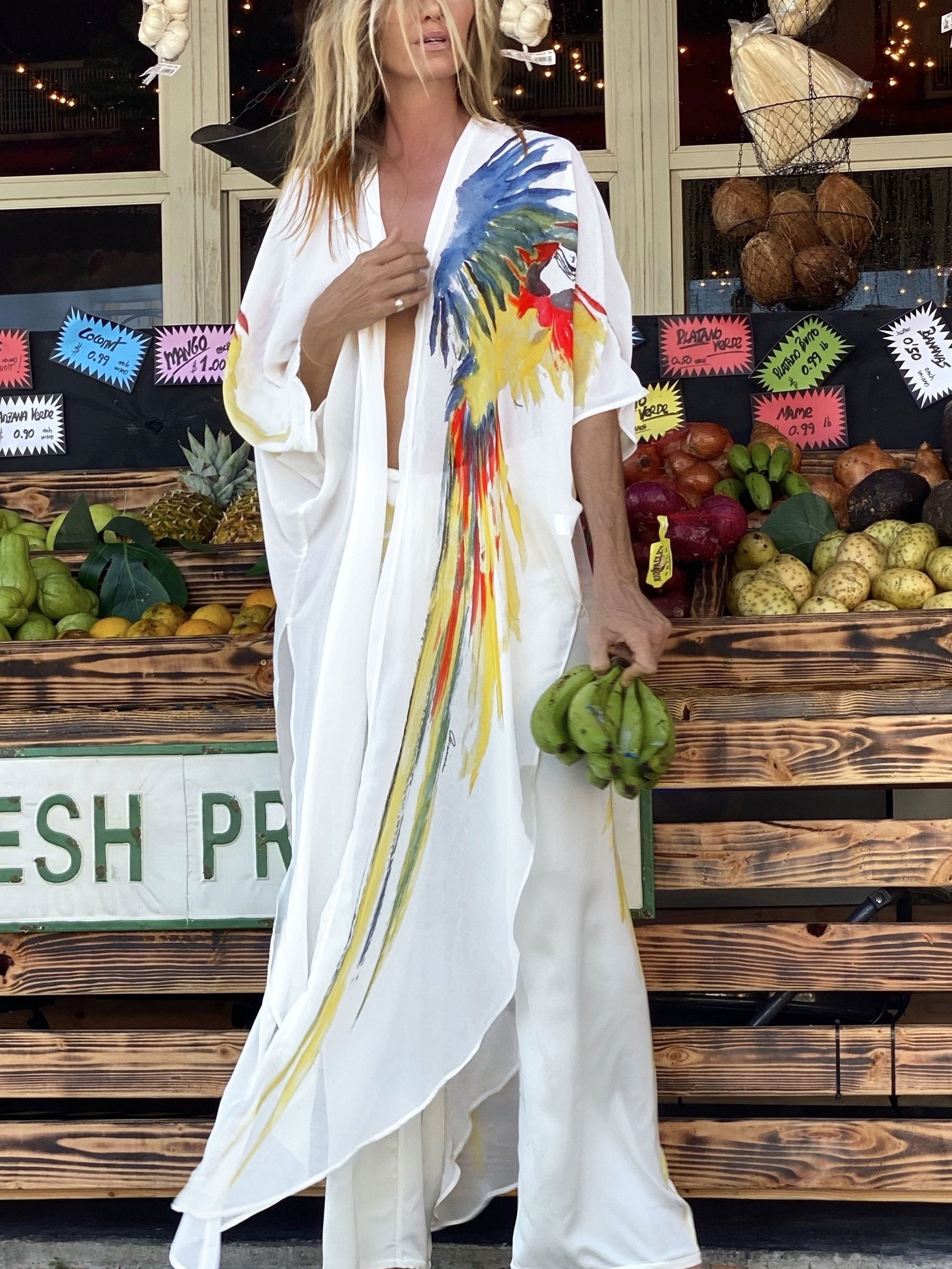 Parrot Print V Neck Cover Up & Pants 2 Piece Set